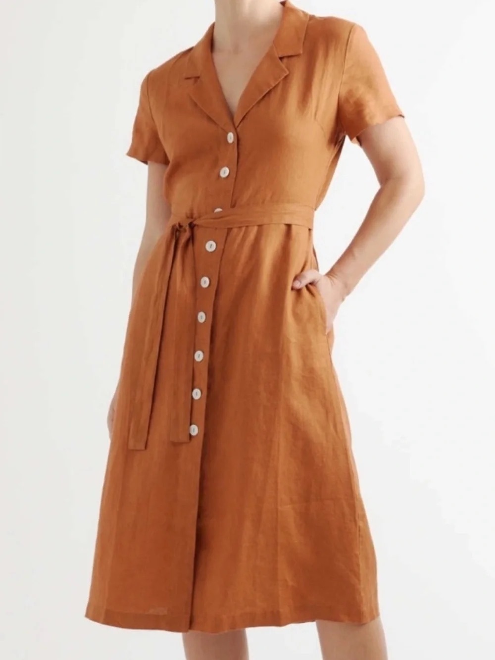 Quince 100% European Linen Button-Front Belted Midi Shirt Dress Terracotta XL